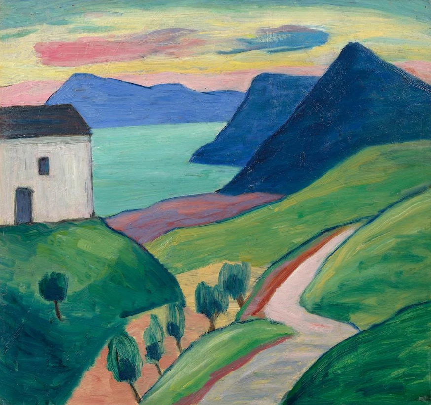 Maison au bord d'un lac avec des montagnes bleues, 1933-35