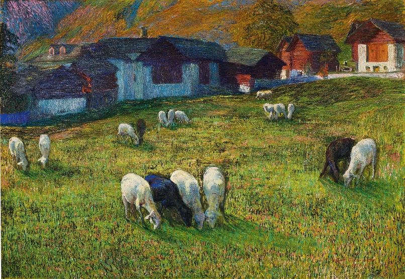Automne - village de montagne avec moutons, 1900 
