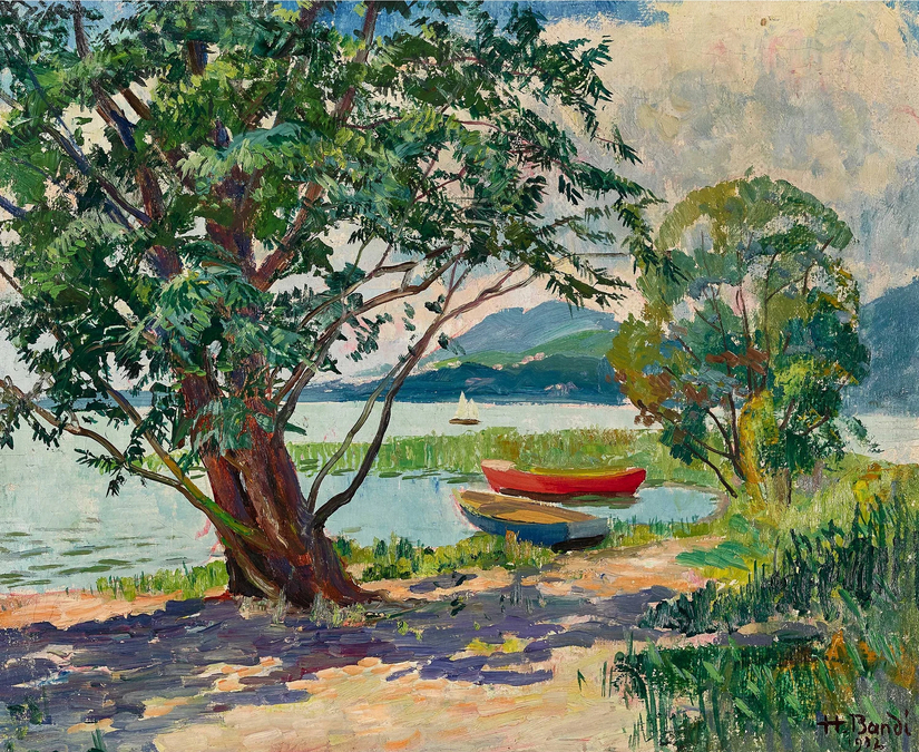 Rive ensoleillée avec des bateaux, 1932 - probablement au bord du lac de Bienne