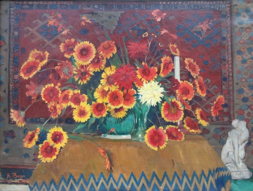 Nature morte avec fleurs, statuette et tapis, 1919