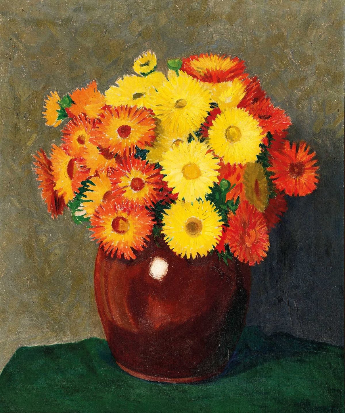 Fleurs dans un vase brun (nature morte)