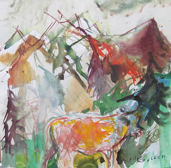 Vaches dans l'Oberland, aquarelle, 1984, 15 x 15 cm