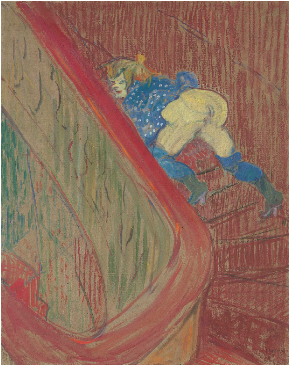 Dans l'escalier de la rue des Moulins a été conçu en 1893, au sommet de la carrière d'Henri de Toulouse-Lautrec, juste après qu'il eut capté l'attention du public avec une série d'affiches emblématiques, célébrant la scène des cabarets parisiens et ses artistes les plus légendaires. L'œuvre montre une scène d'aguichage ludique où une jeune fille soulève sa jupe pour dévoiler ses fesses nues à son poursuivant, dans un geste d'invitation salace. Exécutée sur carton, elle combine le pastel et la peinture à l'huile avec la peinture à l'essence, une technique utilisant de l'huile diluée avec de l'essence de térébenthine dont la fluidité permettait à Toulouse-Lautrec de capturer ses sujets rapidement et spontanément.  Dans l'escalier de la rue des Moulins évoque l'atmosphère joyeusement lascive d'une des maisons closes les plus huppées de la ville. Les maisons closes haut de gamme de la rue d'Amboise et de la rue des Moulins ont eu une longue et illustre histoire, qui remonte à l'époque de Louis XIV, lorsque le quartier servait l'aristocratie de la Cour. À la fin du XIXe siècle, Marie-Victoire Denis dirigeait, au 6 rue des Moulins, une maison close luxueuse qui avait conservé la splendeur théâtrale de son passé. Décorée de façon spectaculaire, la maison répond aux fantasmes exotiques de ses clients. C'est là qu'a été exécuté Dans l'escalier de la rue des Moulins, capturant les jeux insouciants d'une institution conçue pour contrecarrer les strictes règles morales de la société bourgeoise.  Provocateur et franc, Dans l'escalier de la rue des Moulins place ses spectateurs dans une position de compromis : offensés