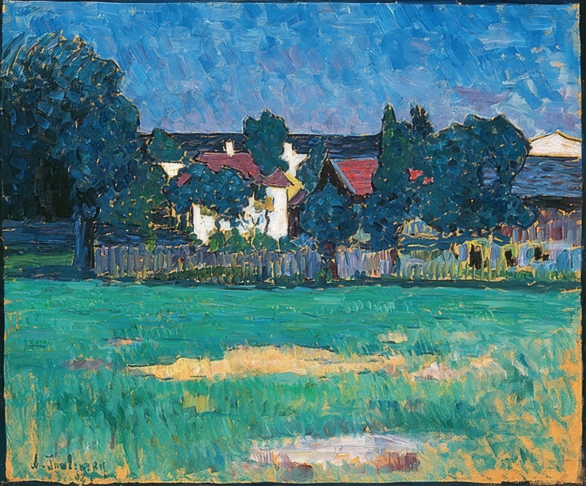 Paysage de Wasserburg avec maisons et prairie, 1907