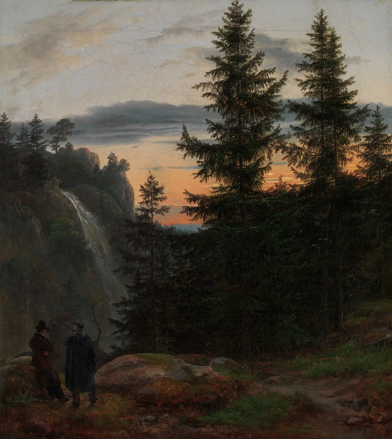Deux hommes devant une cascade au coucher du soleil (1823)