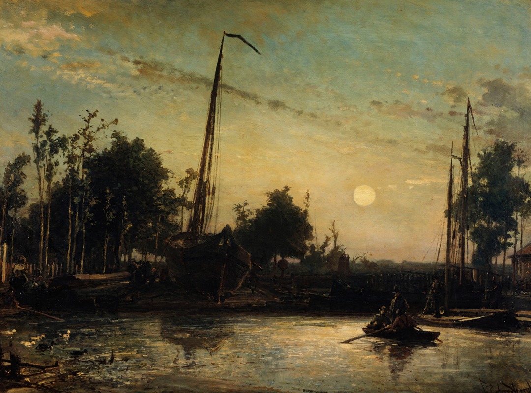 Bateau en construction en bord de canal, paysage hollandais (1857)