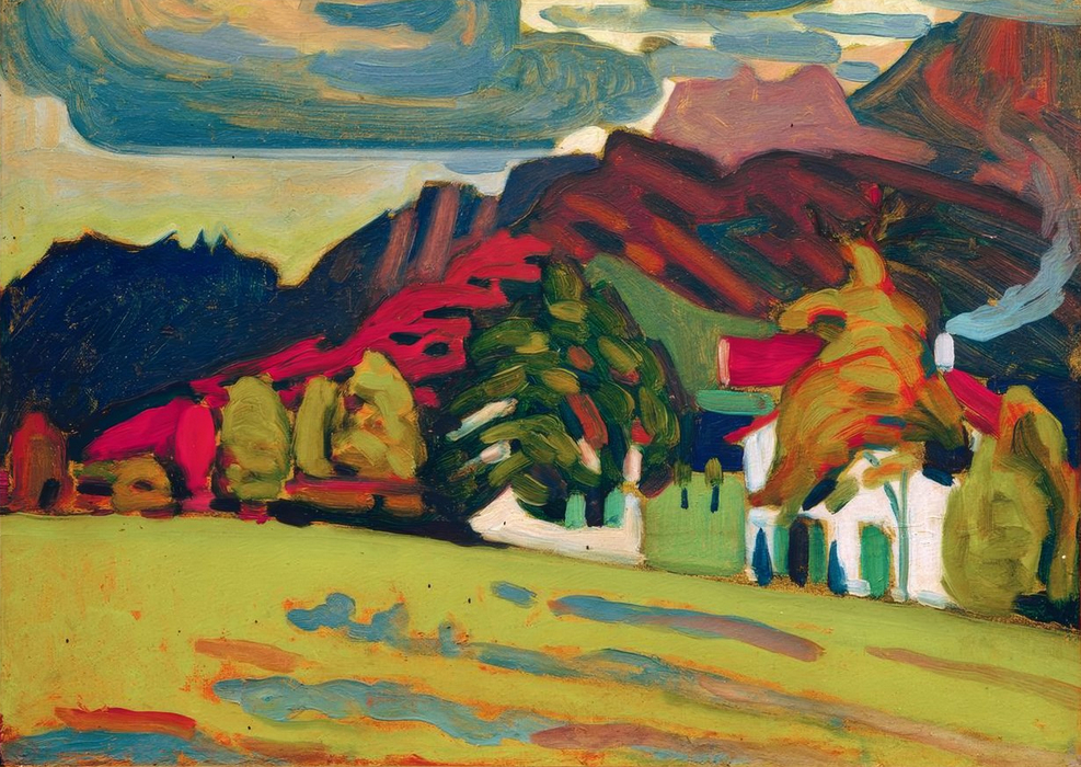 Groupe de maisons devant la montagne, 1908