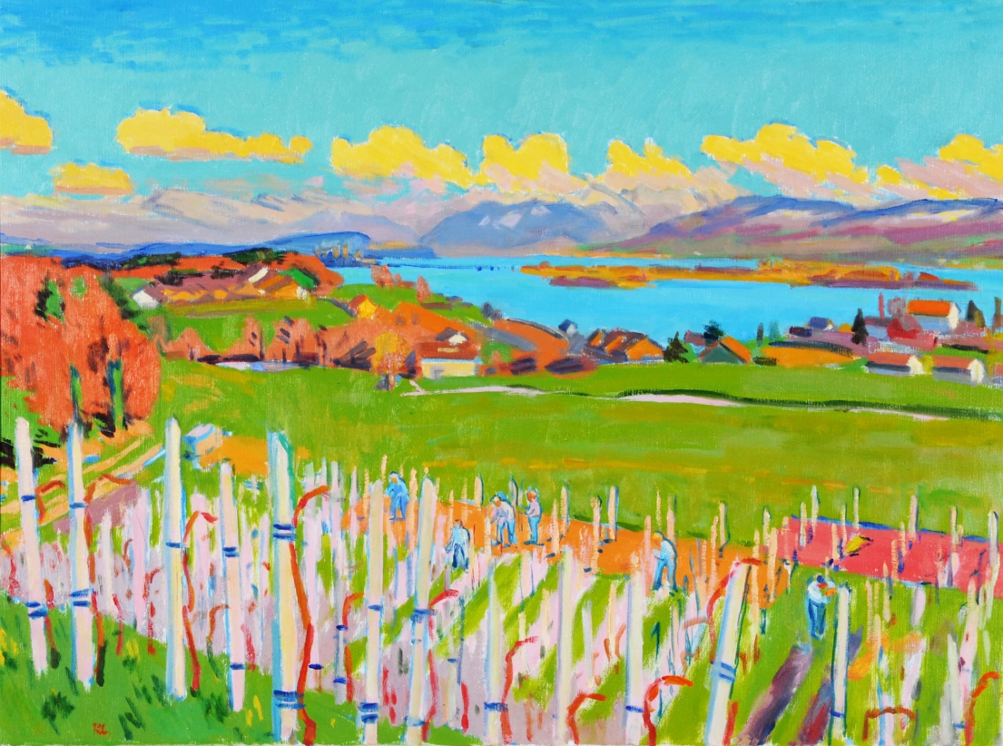 Stäfa, en Suisse. Vignerons en train de tailler la vigne, 1989