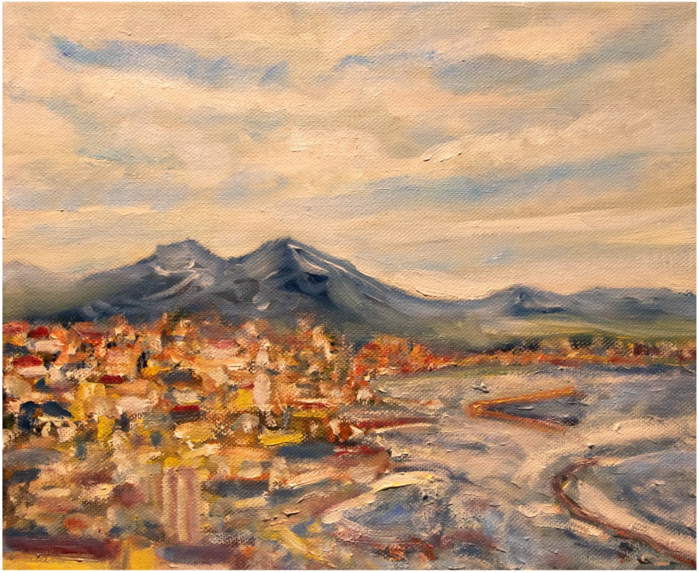 Une ville au bord de mer à la nuit tombante - réf. CS13721 - Huile sur toile 30 x 25