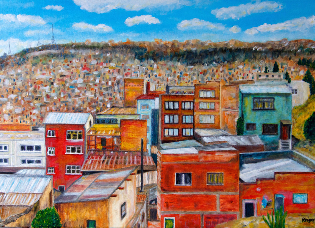 Un bout de la Paz depuis l'Autopista - Réf. CS2720 - Acrylique + Huile sur toile 70 x 50