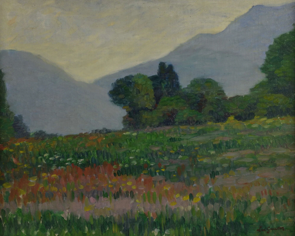 Paysage avec une prairie fleurie et des montagnes au-delà