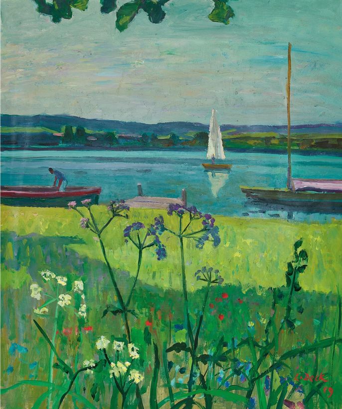 Bord de lac estival avec des fleurs de prairie, 1959 