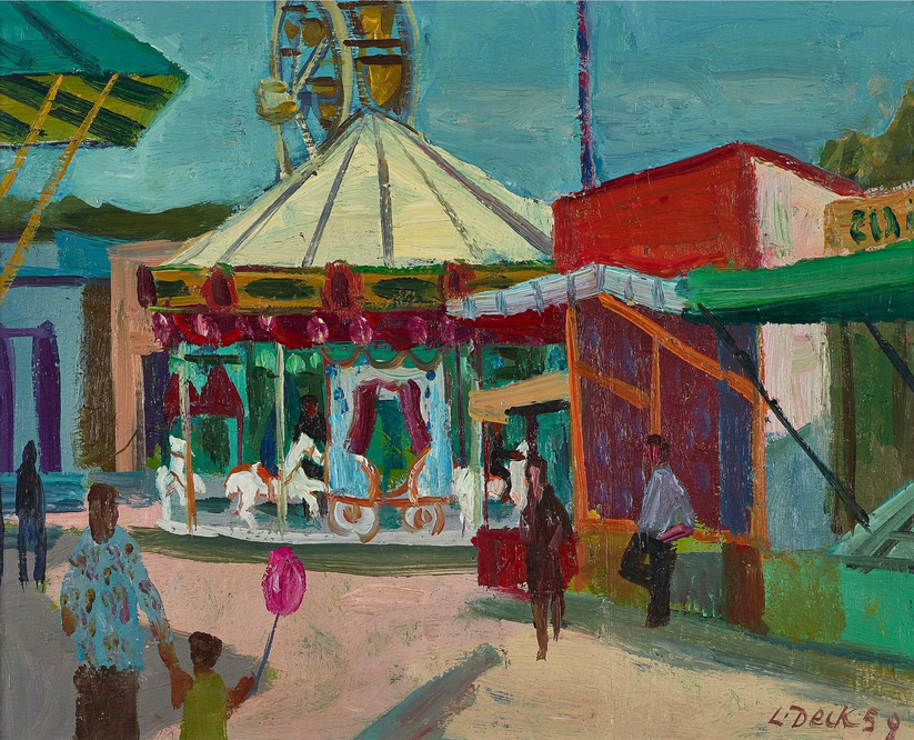 Fête foraine avec stands de vente et manège, 1959 