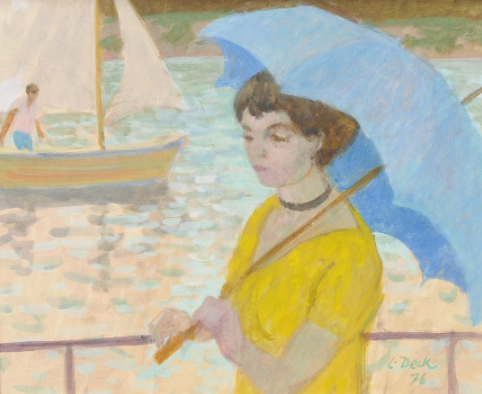 Jeune femme à l'ombrelle bleu clair, 1976 - Huile, 48x58 cm