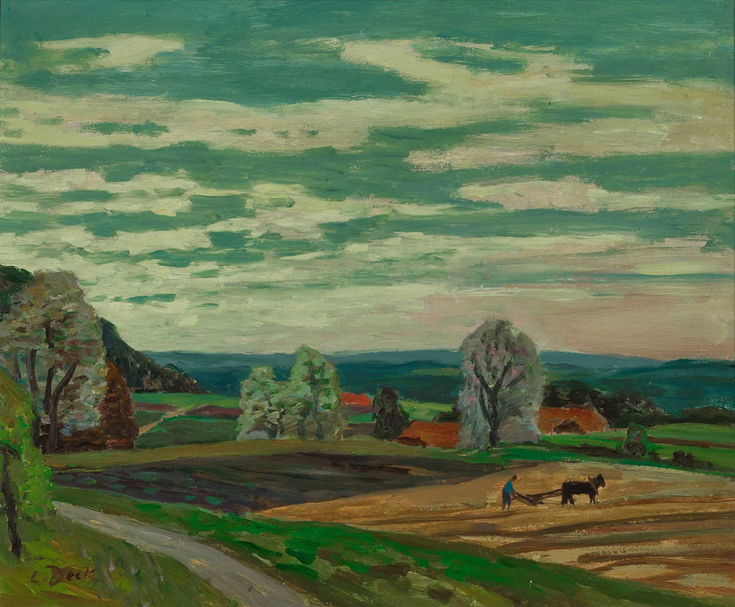 Paysage de champs avec un paysan qui laboure