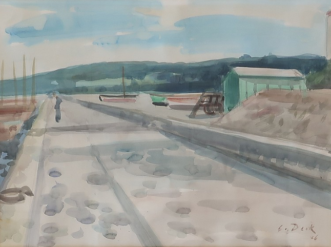 Scène portuaire, 1946, Crayon et aquarelle sur papier (34,5 x 48 cm)  