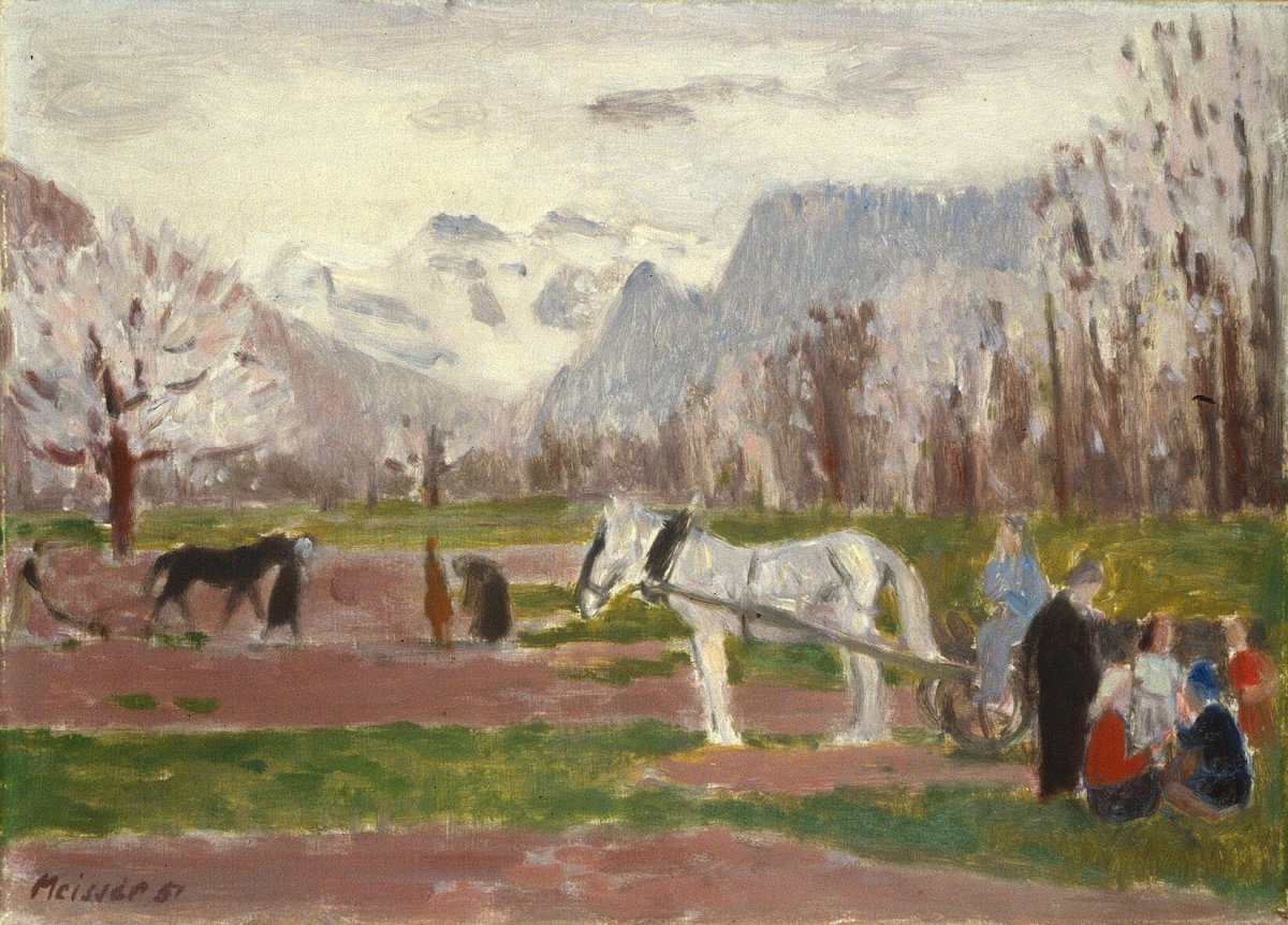 Famille d'agriculteurs avec chevaux travaillant dans les champs dans la vallée du Rhin, 1951