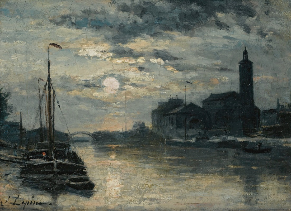 Le Canal de l’Ourcq, l’église Saint-Christophe, vue du quai de la marne. Effet de lune (vers 1876-80)