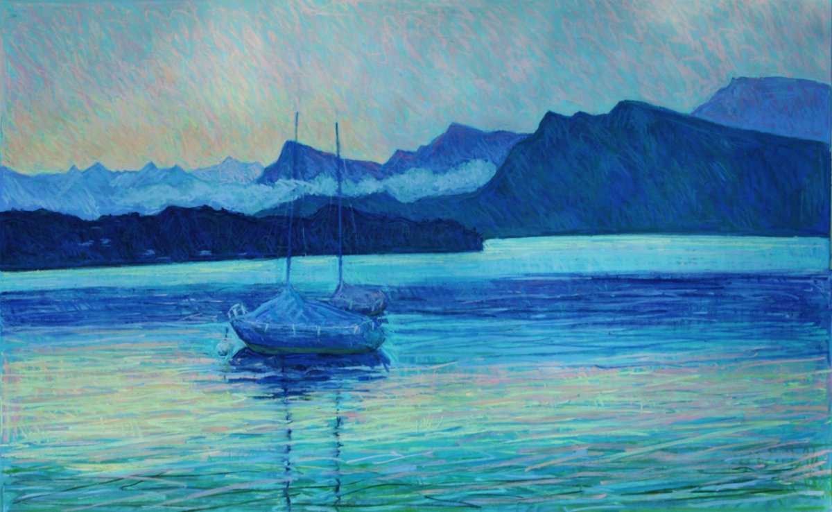 Réveil du jour sur le lac des Quatre-Cantons, pastel 85x135, septembre 2016