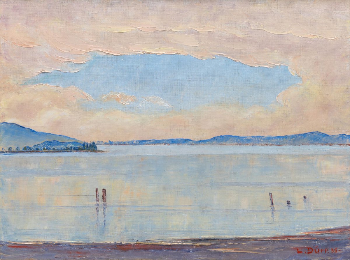 Paysage lacustre, lac de Bienne, huile sur toile, 45 × 60 cm