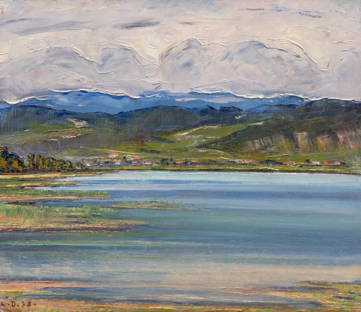 Lac de Bienne avec Ligerz dans le fond, Huile sur toile, 37 x 43