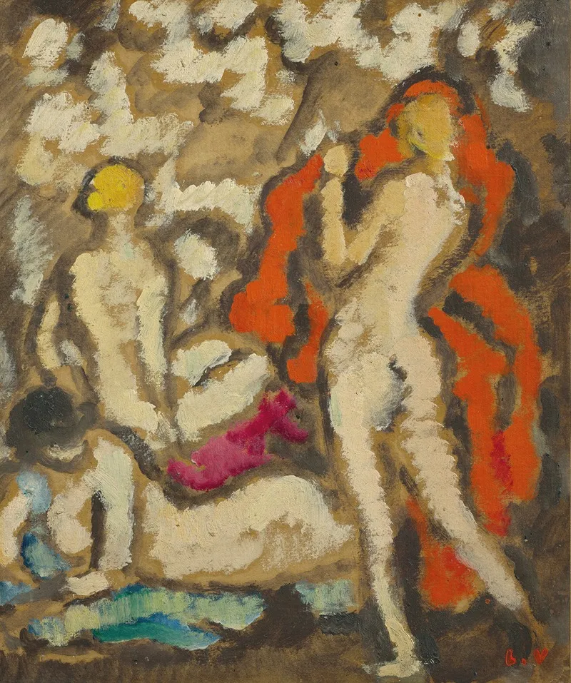 Trois jeunes femmes nues à la draperie rouge (1912)