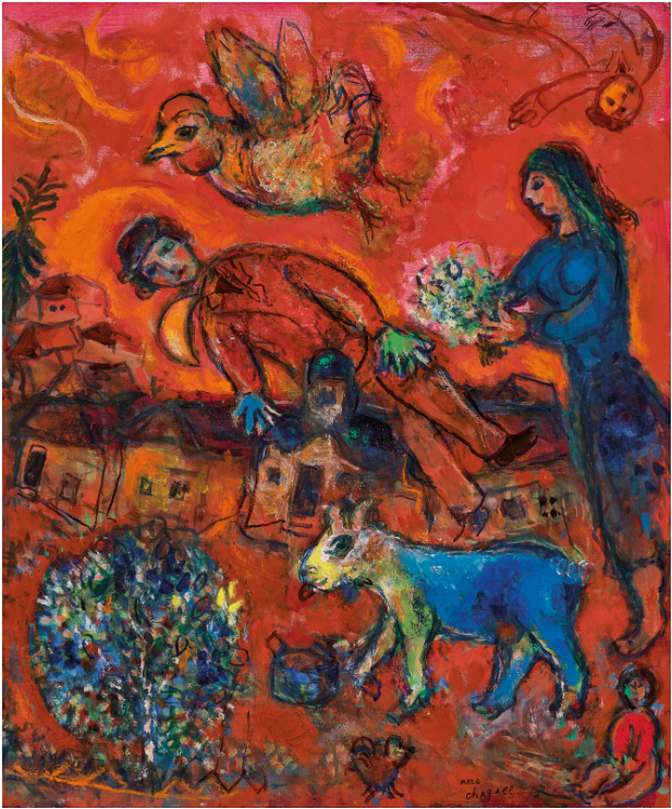 Les amoureux au village sur fond rouge, 1968