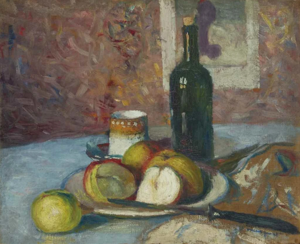 Nature morte aux fruits, tasse et bouteille