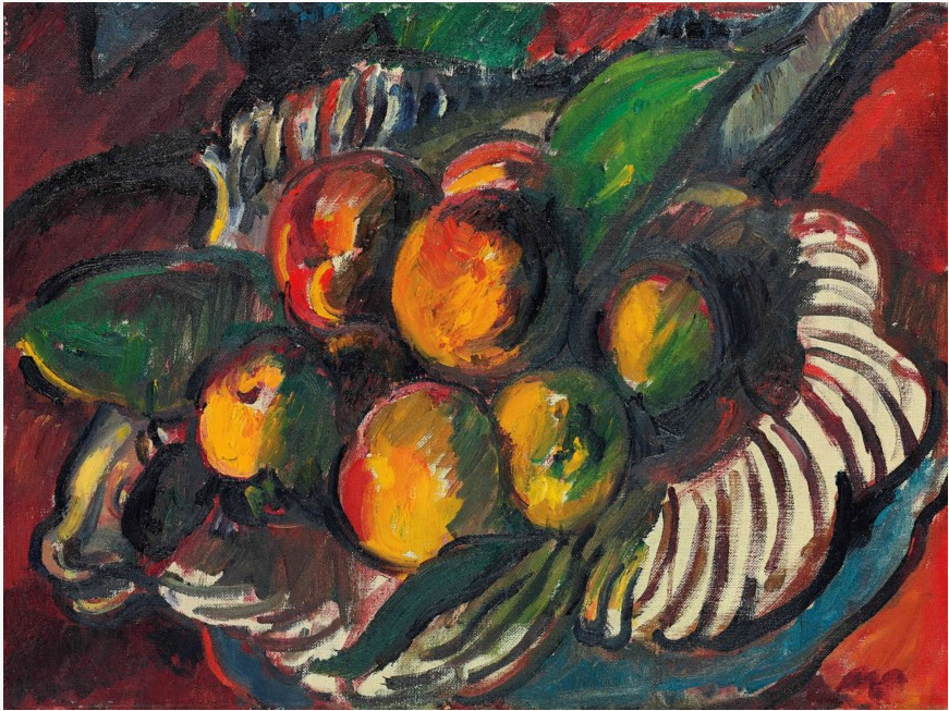 Pommes et poires dans un bol rayé