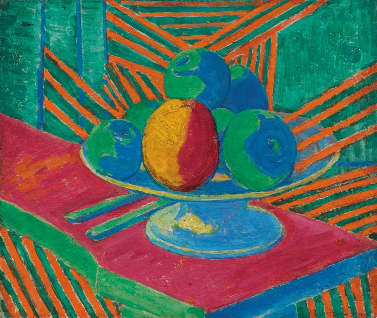 Fruits dans une coupe, fond rayé (II)