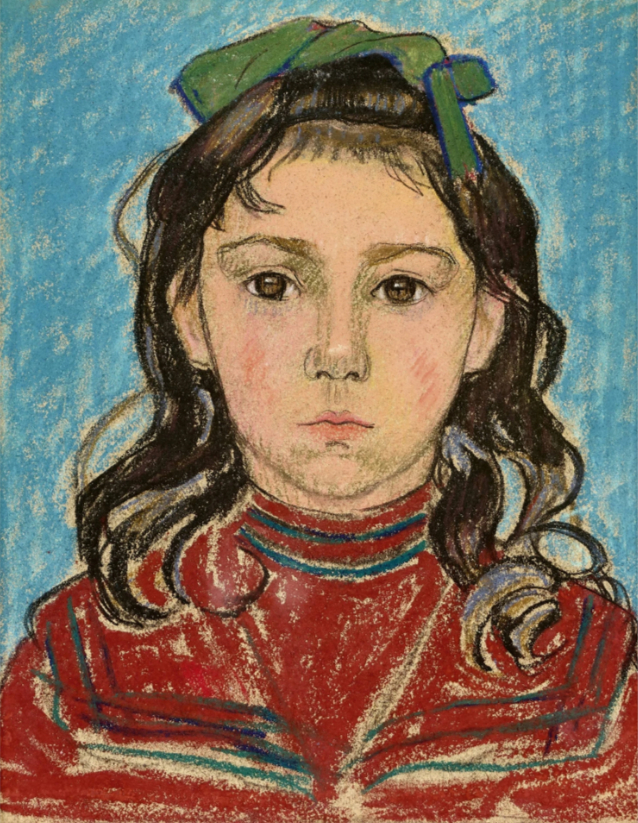 Portrait en buste de Greti Hofer avec un ruban dans les cheveux.