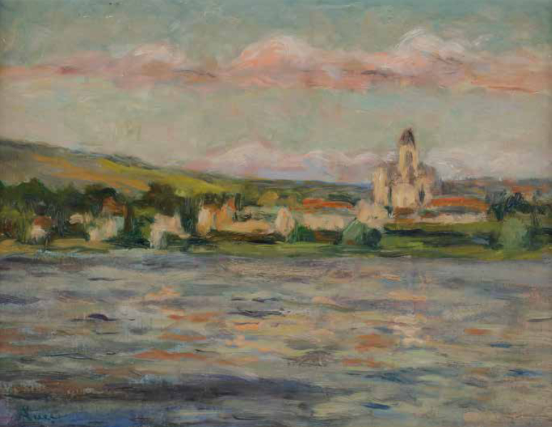 Village en bord de rivière, huile sur isorel, 27 x 35 cm