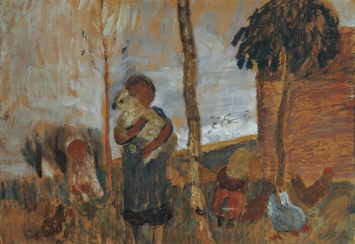 Enfants et poulets devant un paysage (vers 1902)