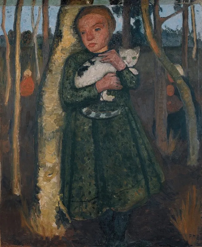 Fille dans une forêt de bouleaux avec un chat (vers 1904)