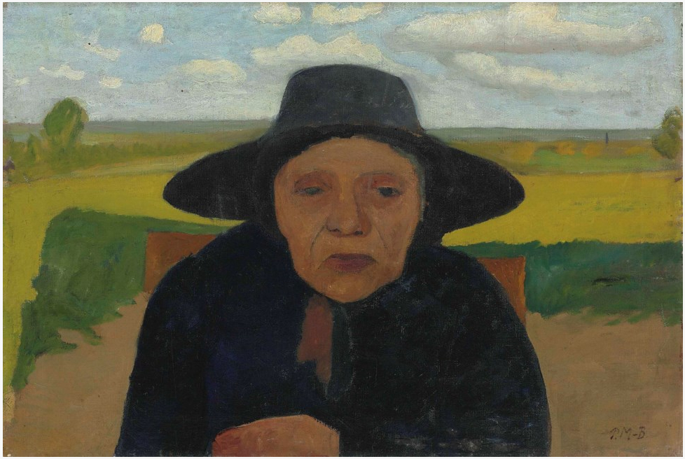Portrait en buste d'une vieille paysanne avec un chapeau devant un paysage