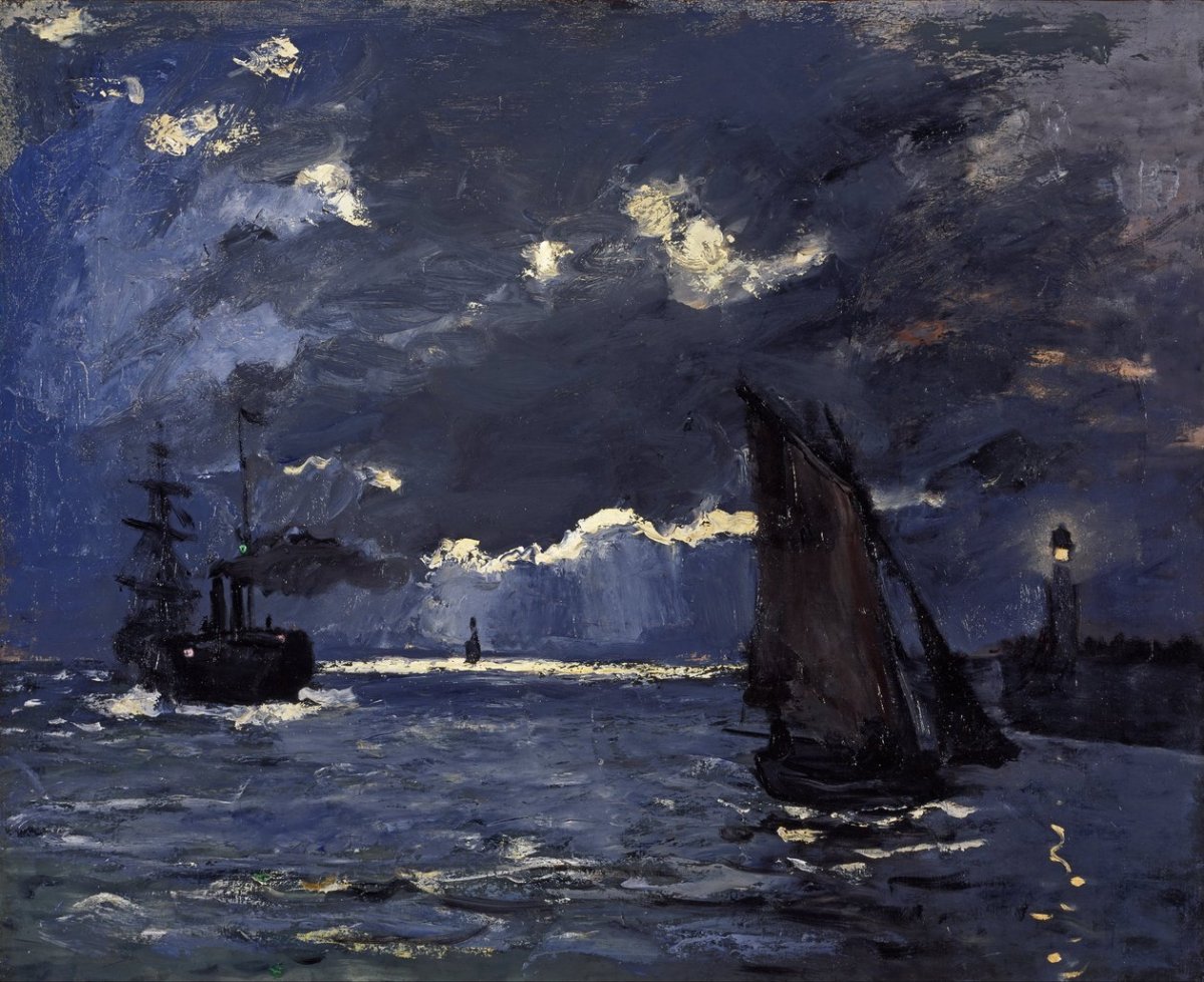 Un paysage marin, des bateaux au clair de lune, 1864