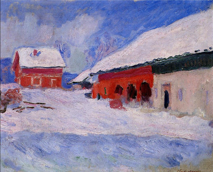 Maisons rouges à Bjornegaard dans la neige, Norvège, 1895