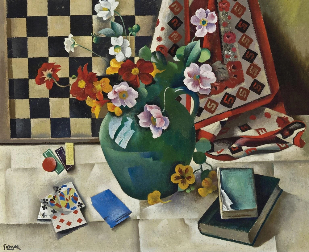 Nature morte florale avec cartes à jouer et damier