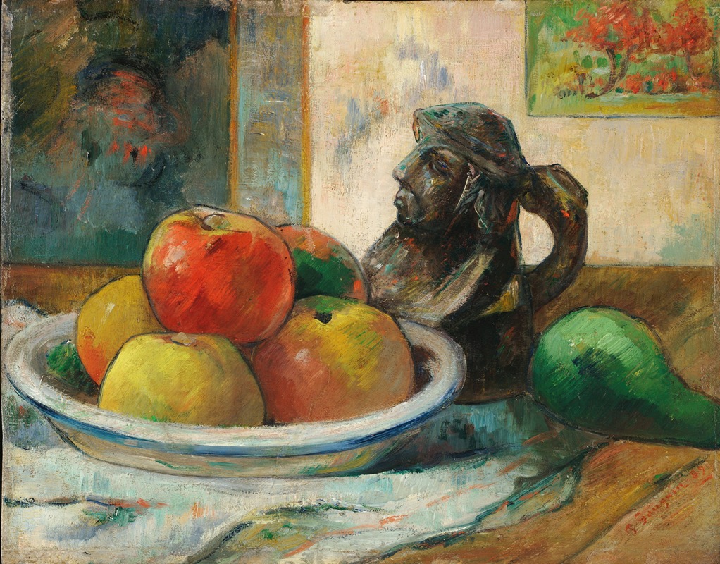 Nature morte avec des pommes, une poire et une cruche à portrait en céramique (1889)