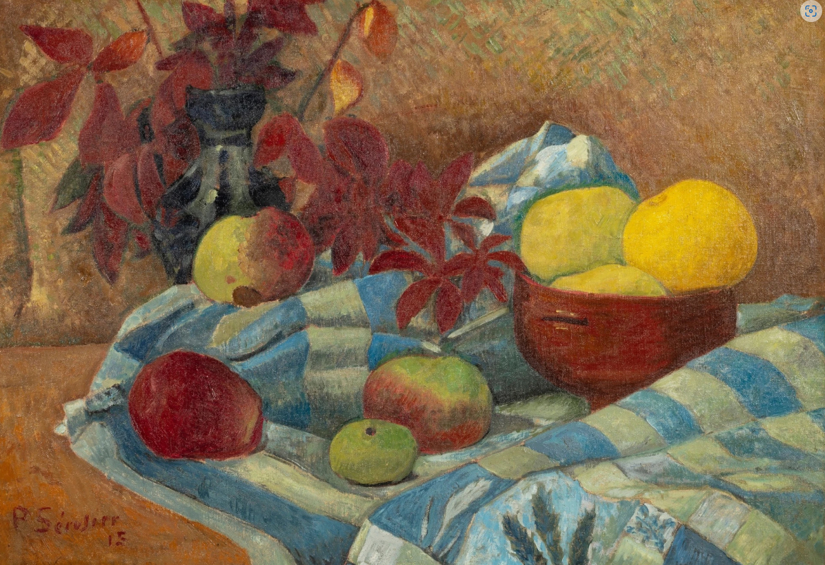 Nature morte aux pommes, à la nappe aux carreaux bleus et feuillage d'automne, 1915