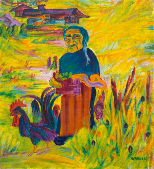 Vieille paysanne avec des poules. Vers 1920