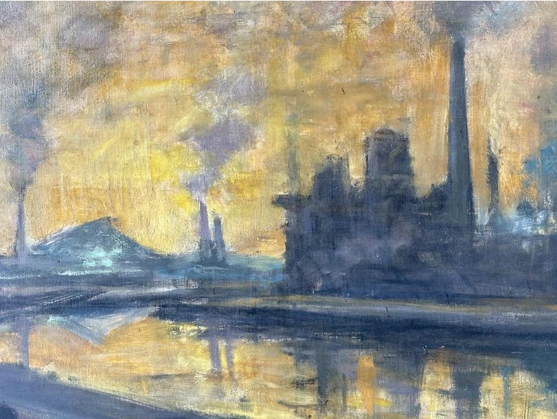 Vue de la Sambre industrielle avec des cheminées fumantes