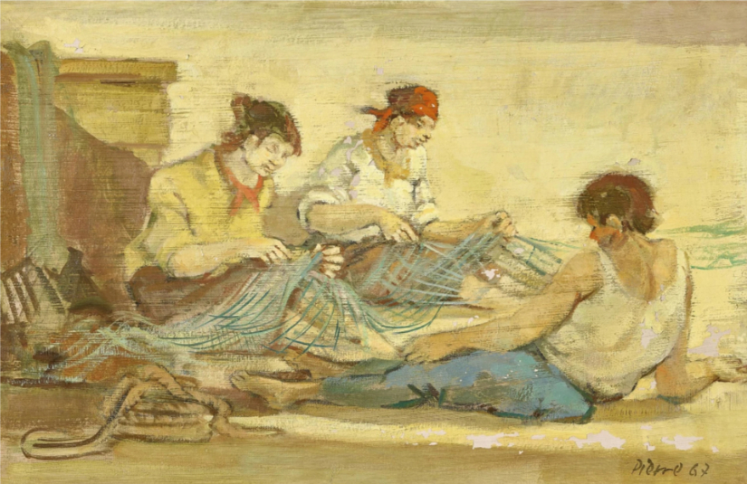 Femmes réparant des filets de pêche (1967)