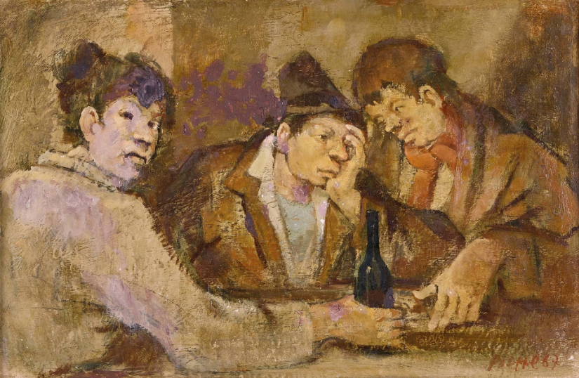 Trio d'hommes avec une bouteille de vin à table, 1967