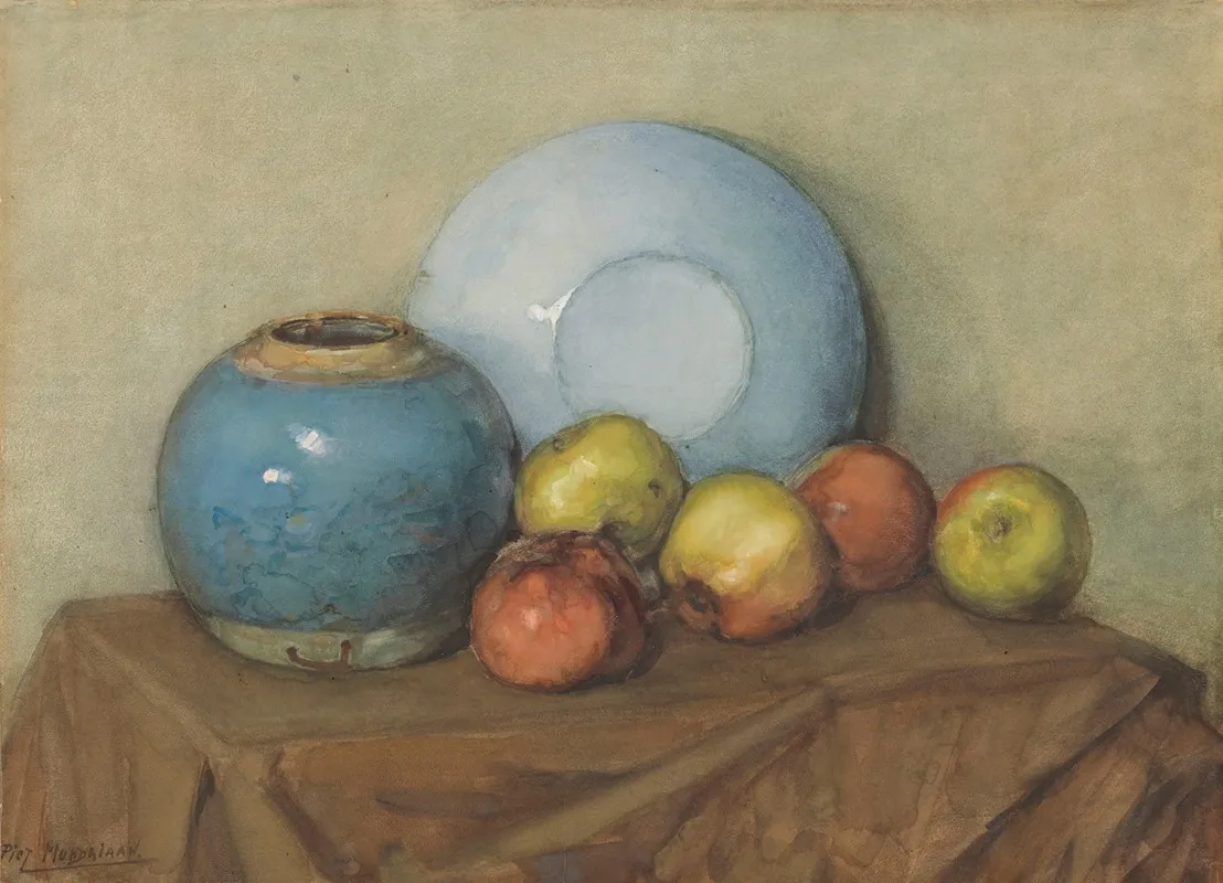 Pommes, pot rond et assiette sur une table (vers 1901) 
