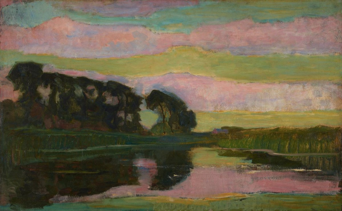 Paysage fluvial avec une rangée d'arbres à gauche, ciel avec des bandes roses et jaunes-vertes : Ferme au bord du Gein, protégée par de grands arbres, env. fin 1907-08 