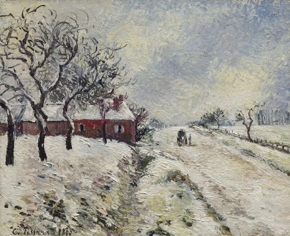 Route enneigée avec maison, environs d’Eragny (1885)