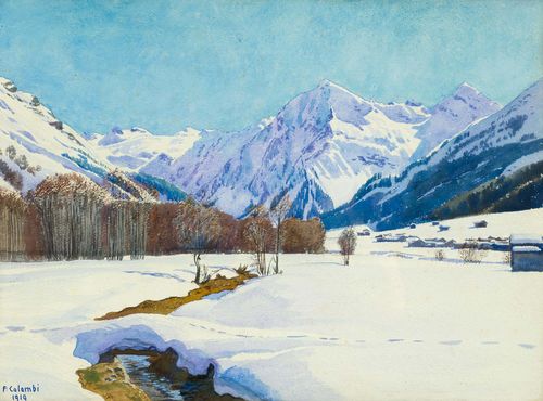 Paysage enneigé près de Klosters avec vue sur le glacier de Silvretta, le Canardhorn, le Wisshorn et l'Aeuja, vers 1919