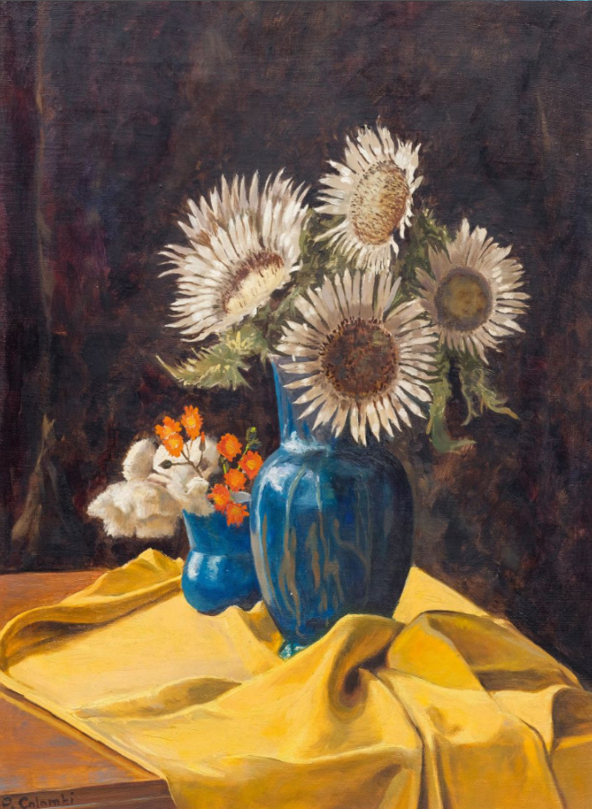 Nature morte avec des chardons de Carline sur un tissu jaune