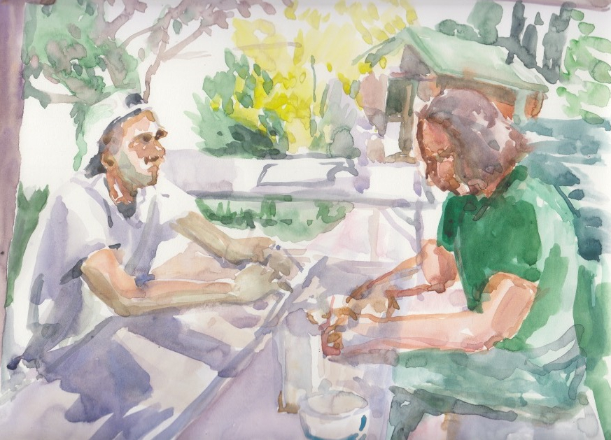 Andrea et Andrea (pause-café) » Aquarelle 25x31cm, 2024
